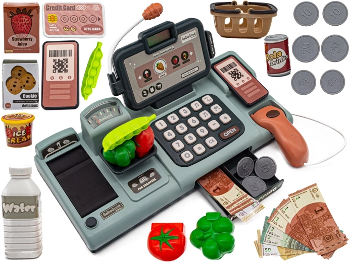 Caisse éducative pour enfants pour jouer au magasin avec microphone, balance, panier et accessoires