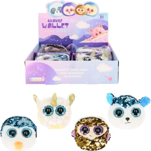 Porte-monnaie en peluche avec animal et sequins – set d’accessoires pour cheveux (4 variantes)