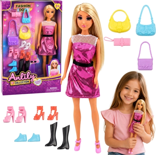 Poupée Anlily en robe rose avec set de sacs à main et de chaussures