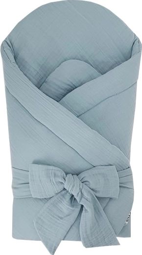 Couverture d’emmaillotage en mousseline Eko avec insert en coco amovible et nœud, bleu, 75 × 75 cm