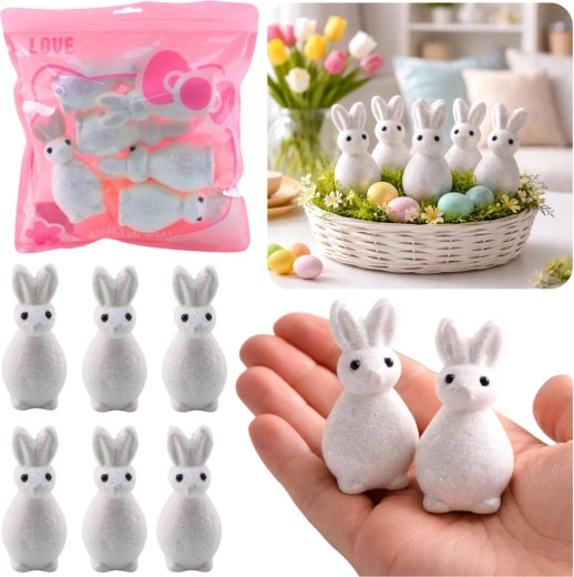Lapins de Pâques blancs scintillants en polystyrène - 6 pièces