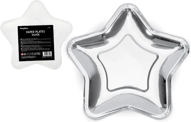 Assiettes en papier en forme d’étoile argentées 18 cm (6 pcs)