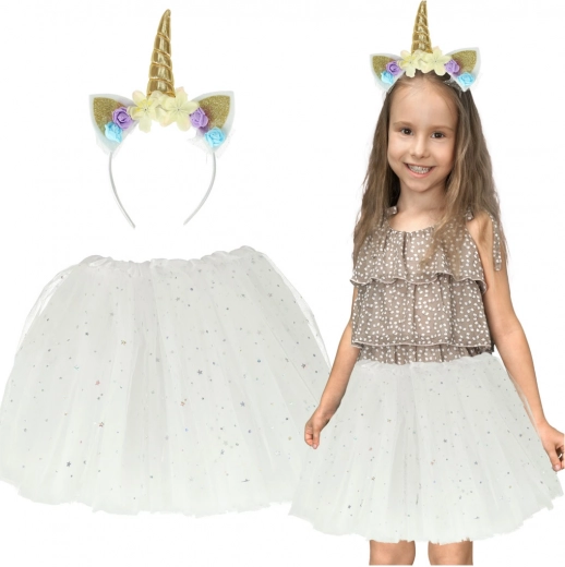 Costume de carnaval licorne – ensemble enfant avec serre-tête et jupe en tulle – Blanc