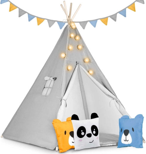 Tipi pour enfants avec guirlandes lumineuses Nukido – gris