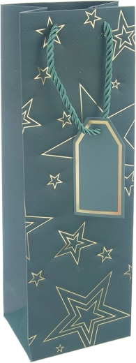 Sac cadeau en papier pour bouteille de vin avec motif étoile, vert, 12 × 9 × 36 cm