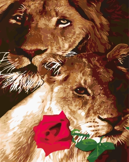 Peinture par numéros Lion et lionne avec une rose 40 × 50 cm