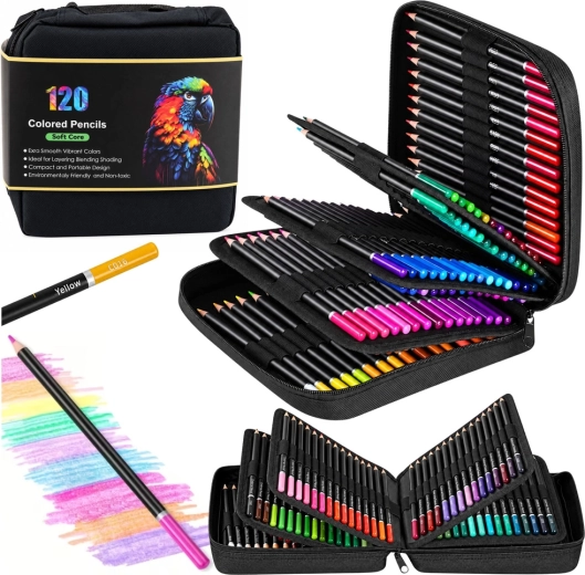 Set de 120 crayons de couleur artistiques Soft Core dans une trousse avec 2 carnets de croquis