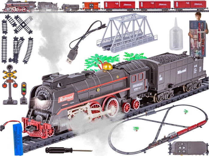Circuit de train électrique à vapeur télécommandé avec train de marchandises et effet fumée