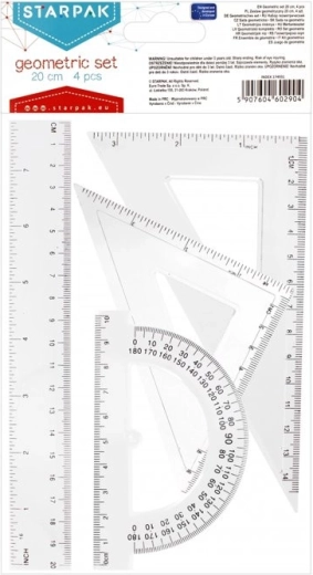 Ensemble géométrique de règles 20 cm avec rapporteur et équerres