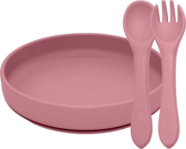 Set de repas en silicone Petite&Mars Take&Match – assiette avec ventouse et couverts dusty rose (6m+)