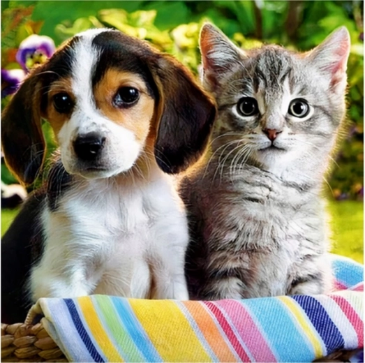Mosaïque diamant (diamond painting) chiot avec chaton 30 × 30 cm