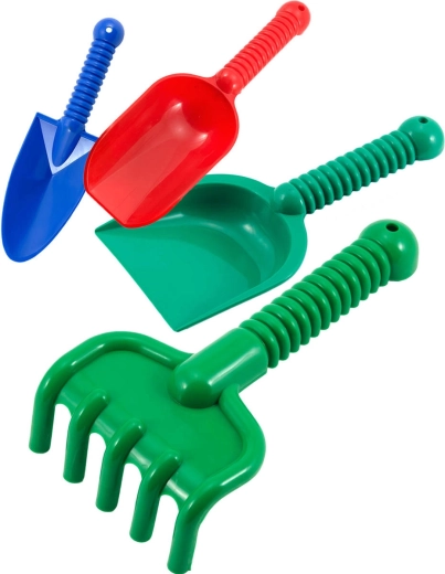 Ensemble d’outils de sable en plastique Lori (2 pelles, une pelle-bêche et un râteau)