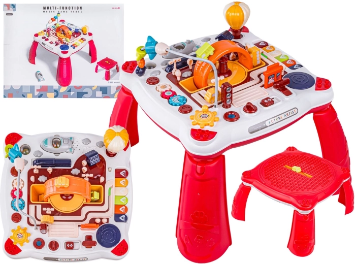 Table éducative interactive 2 en 1 pour enfants – véhicules, petit piano et fusée, rouge
