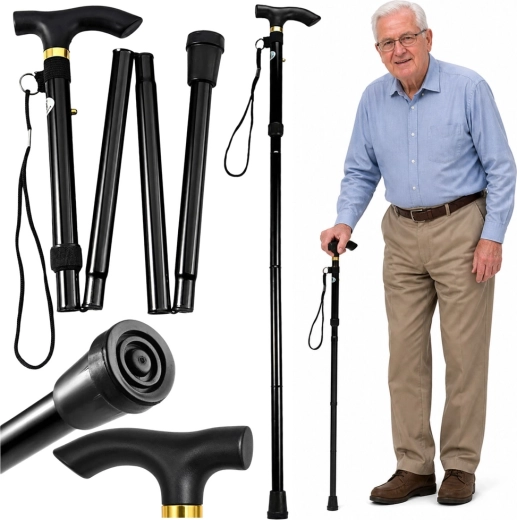 Canne de marche pliable télescopique pour seniors, noire 85–95 cm