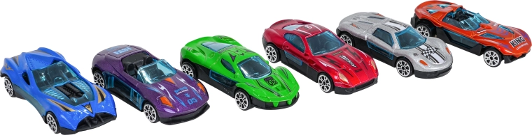 6 petites voitures en métal incluses