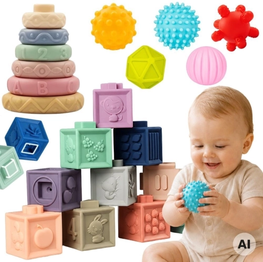 Woopie Baby cubes sensorielles souples et anneaux de dentition – lot de 23 pièces