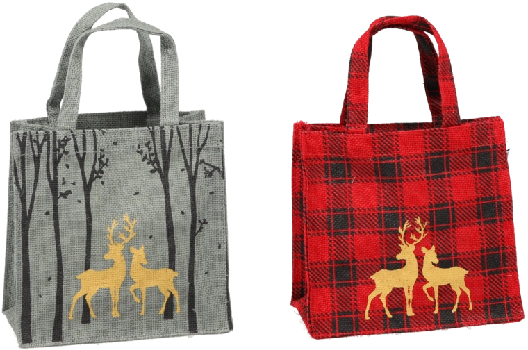 Sac de Noël en jute avec motif renne 20 × 20 × 10 cm (assortiment de couleurs)