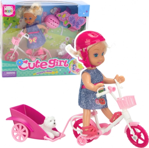 Coffret mini poupée avec vélo, remorque et petit chien blanc