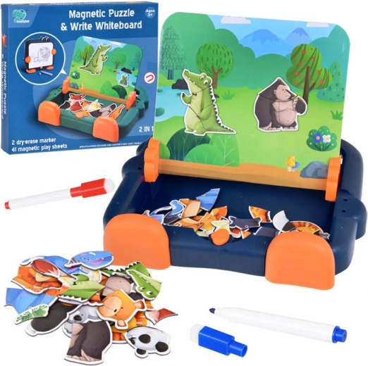 Tableau magnétique 2-en-1 avec puzzles magnétiques d’animaux et surface effaçable pour dessiner