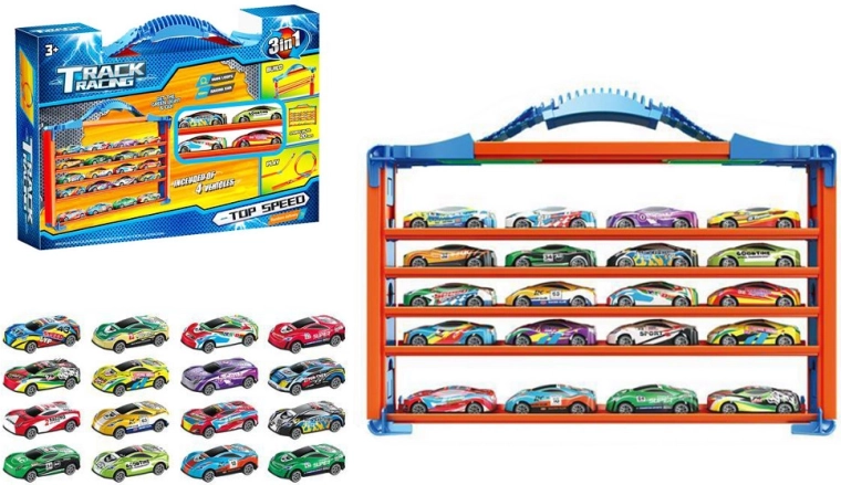 Set de piste de course avec boucles inversées et étagère de rangement pour petites voitures