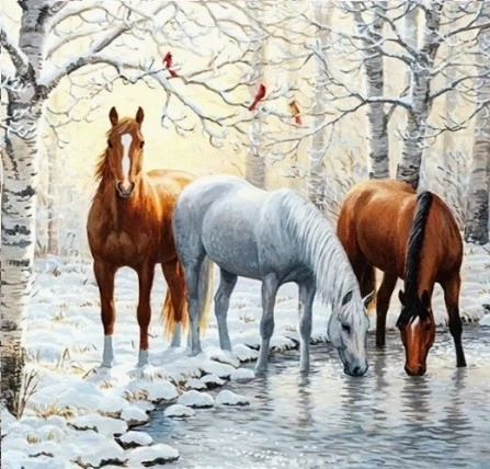 Mosaïque diamant - Chevaux en hiver
