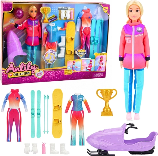 Poupée sportive Anlily Collection avec équipement d’hiver (skis, snowboard et scooter des neiges) 30 cm