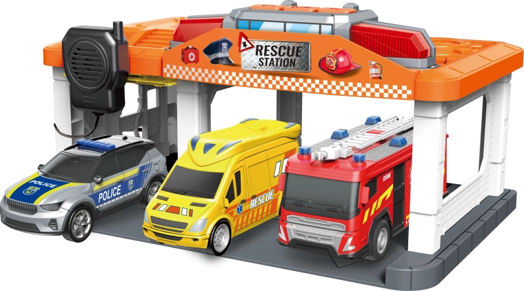 Station des services de secours avec pompiers, police et ambulance, avec lumière et son