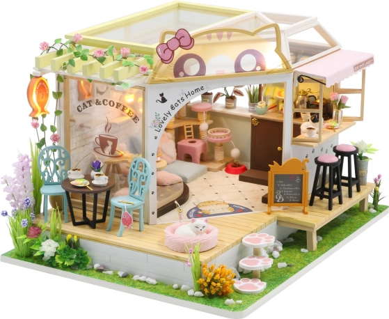 Maison miniature Café des chats avec jardin – Kit DIY avec LED