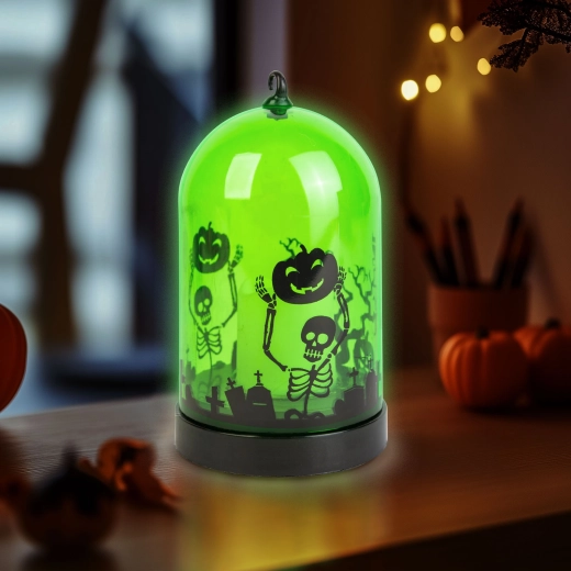 Lanterne LED d’Halloween avec motif squelette verte