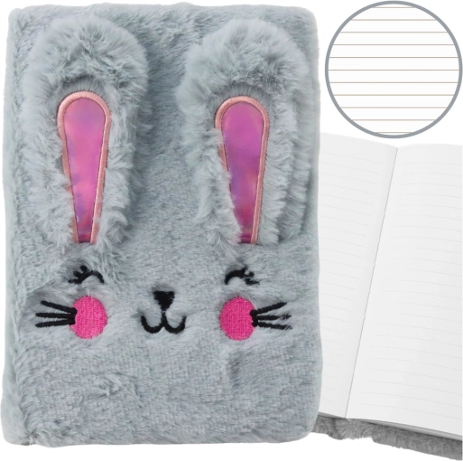 Carnet en peluche A5 avec petit lapin, ligné, gris