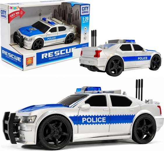 Voiture de police à piles 1:20 avec lumières et sons, argentée