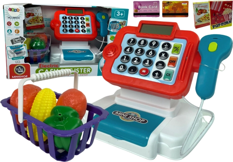 Caisse enregistreuse pour enfants avec calculatrice et panier de légumes