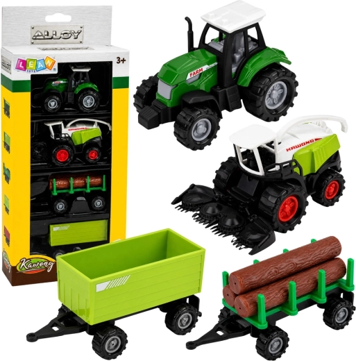 Ensemble de véhicules agricoles 1:68 – tracteur, ensileuse, remorque et plateau à bois (4 pièces)