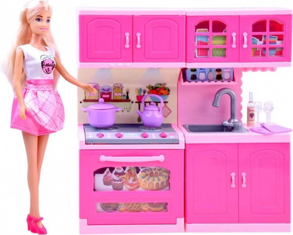 Poupée ANLILY avec cuisine rose et accessoires