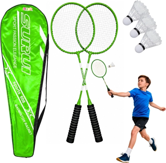 Set de badminton vert : 2 raquettes, 3 volants en plastique et sac