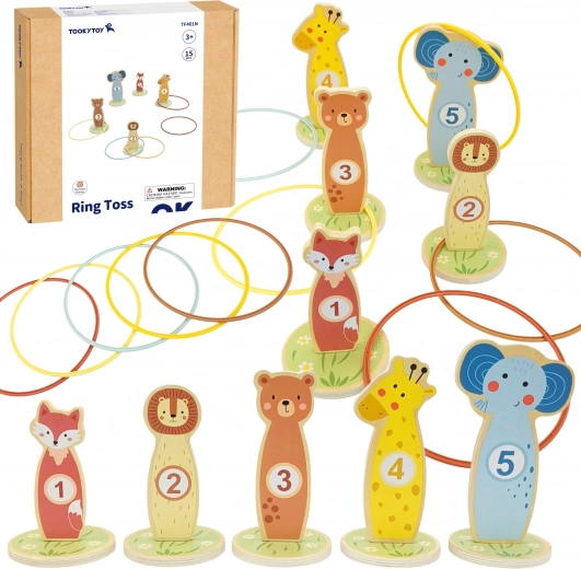 Jeu de lancer d’anneaux en bois TOOKY TOY – animaux, 15 pièces