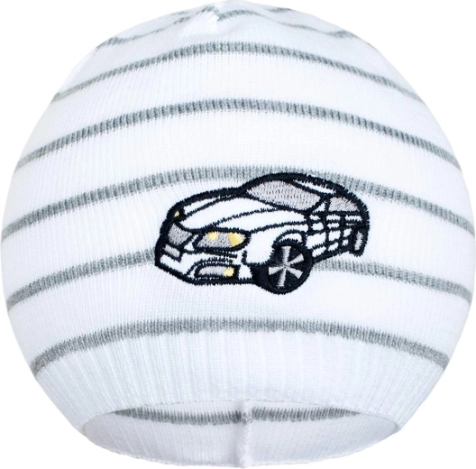 Bonnet de printemps New Baby avec petite voiture, blanc/gris foncé