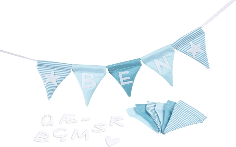 Guirlande en tissu avec prénom, bleue, 10 fanions
