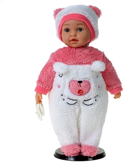 Poupée bébé parlante et chantante en grenouillère rose et blanche