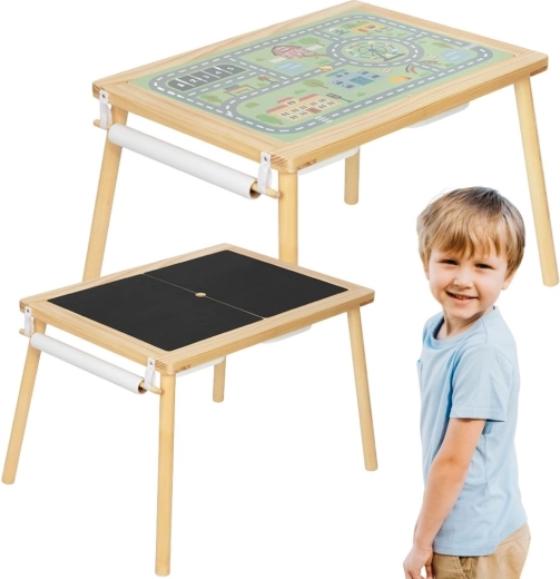 Table créative en bois 4-en-1 avec ardoise, plan de ville et porte-rouleau de papier WOOPIE GREEN