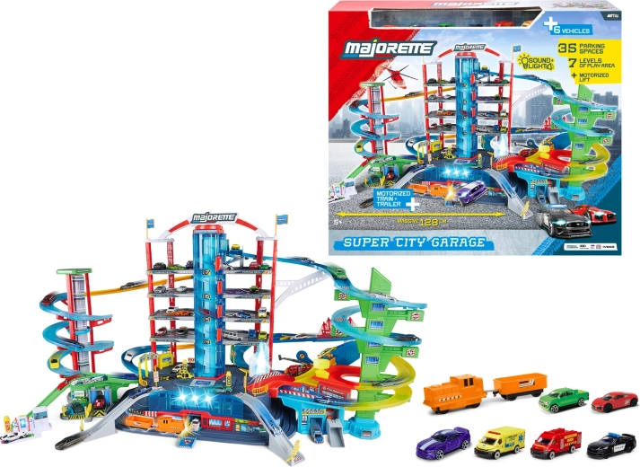 Majorette Super City Garage, garage à sept étages avec 6 petites voitures et un train