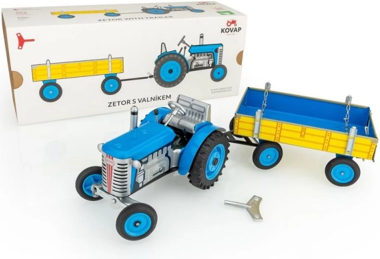 Tracteur en tôle Zetor avec remorque à clé, rouge/bleu/vert