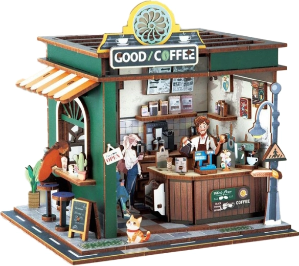 Maquette en bois 3D café avec effets lumineux 14,5 × 16 × 15,8 cm