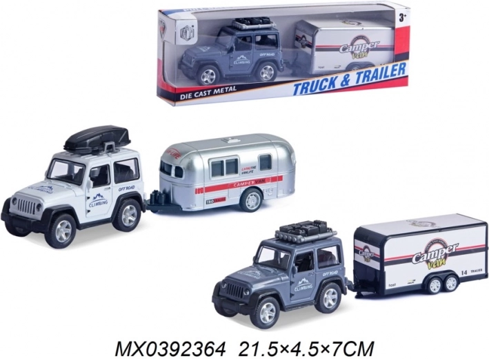 Jeep tout-terrain avec remorque de camping – modèle métallique à rétrofriction