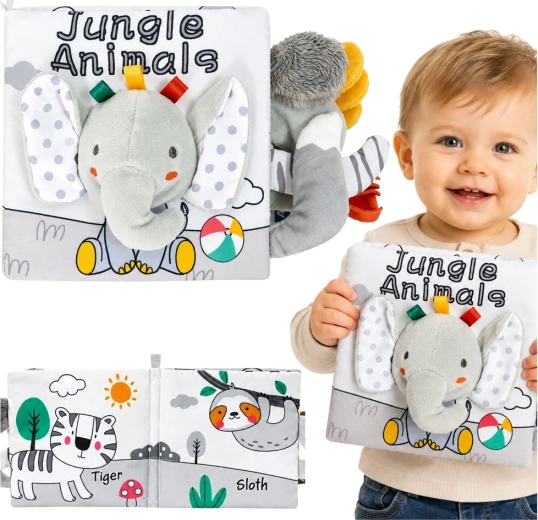 Livre sensoriel doux pour bébés avec éléphant (bruisse, couine et fait hochet) gris