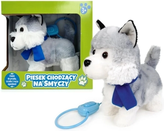 Chien en peluche qui marche en laisse avec foulard
