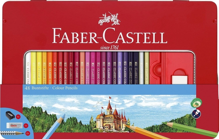 Crayons de couleur en bois hexagonaux FABER-CASTELL, 48 pièces, dans un boîtier métallique avec taille-crayon, gomme et 2 crayons graphite GRIP