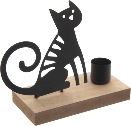 Bougeoir en bois et métal motif chat brun-noir