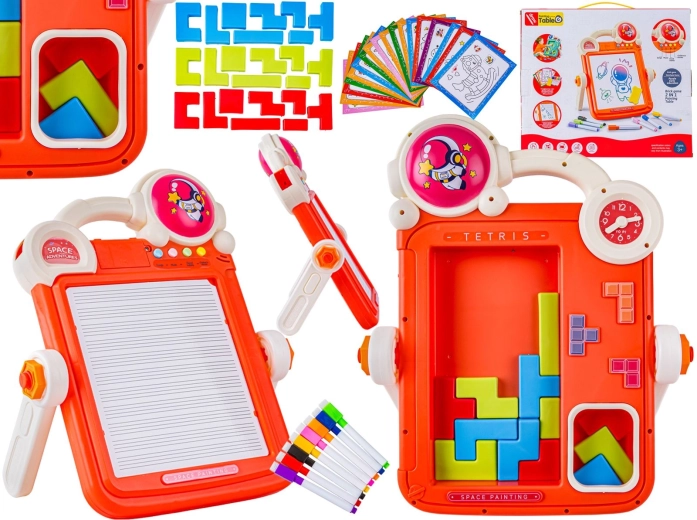 Table multifonction recto-verso 2 en 1 pour enfants – tableau de dessin effaçable et puzzle Tetris (rouge)