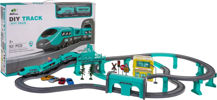 Circuit de train avec gare et accessoires, 92 pièces